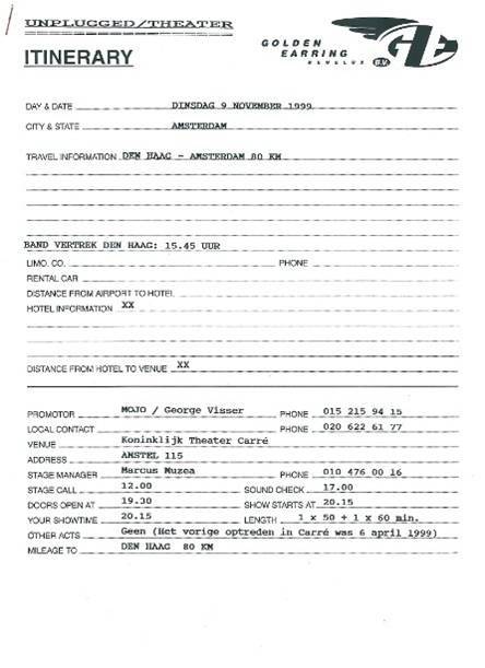 Golden Earring show itinerary November 09, 1999 Amsterdam -Theater Carré